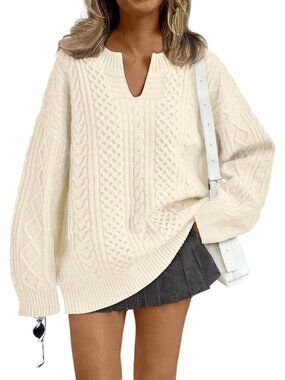 Women's Beige V Neck Fall Fashion Oversized Cable Knit Fall Outfits Sweaters